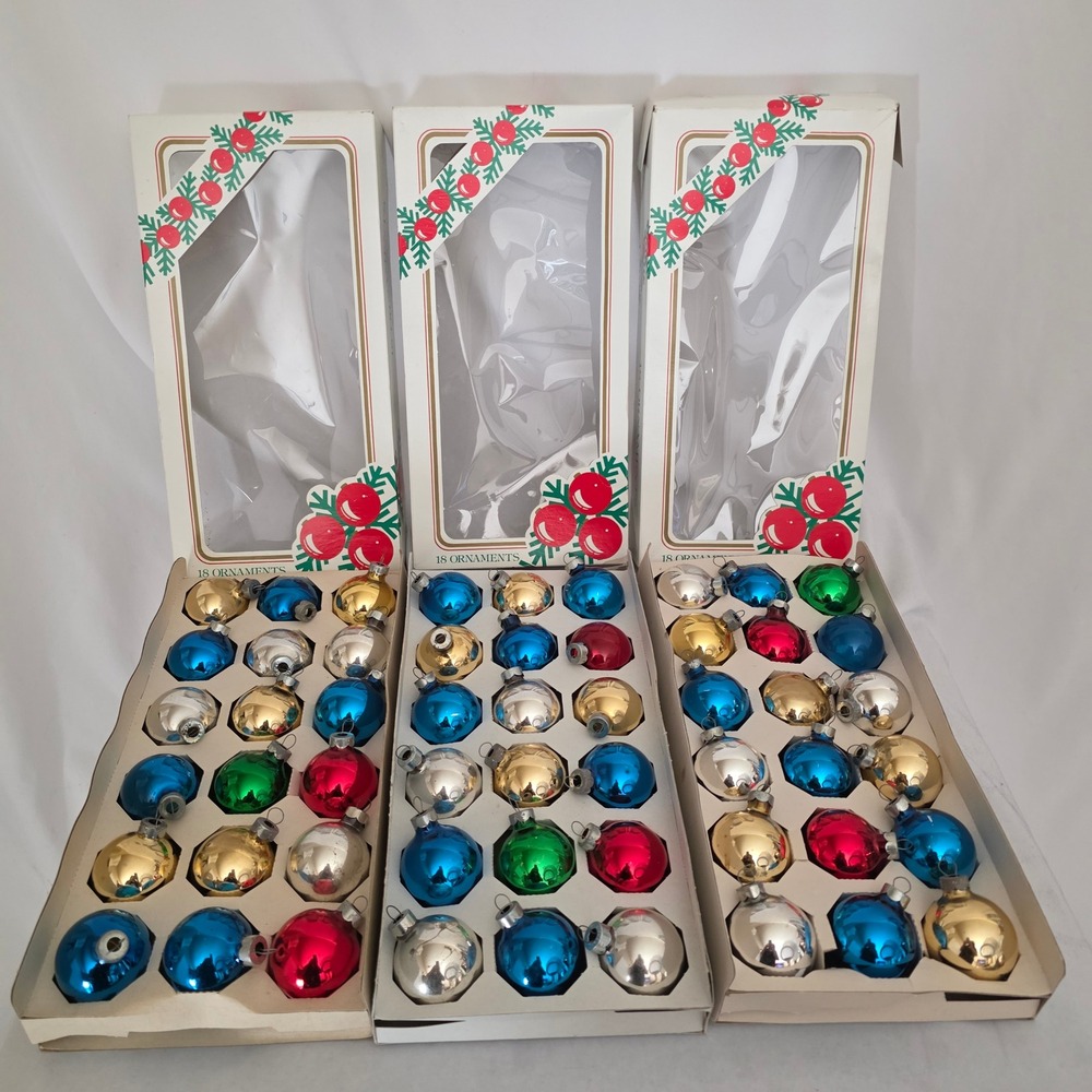 VTG Rauch Mercury Glass Christmas Ornaments Multi Color USA. 3 Boxes of 18 1.75"